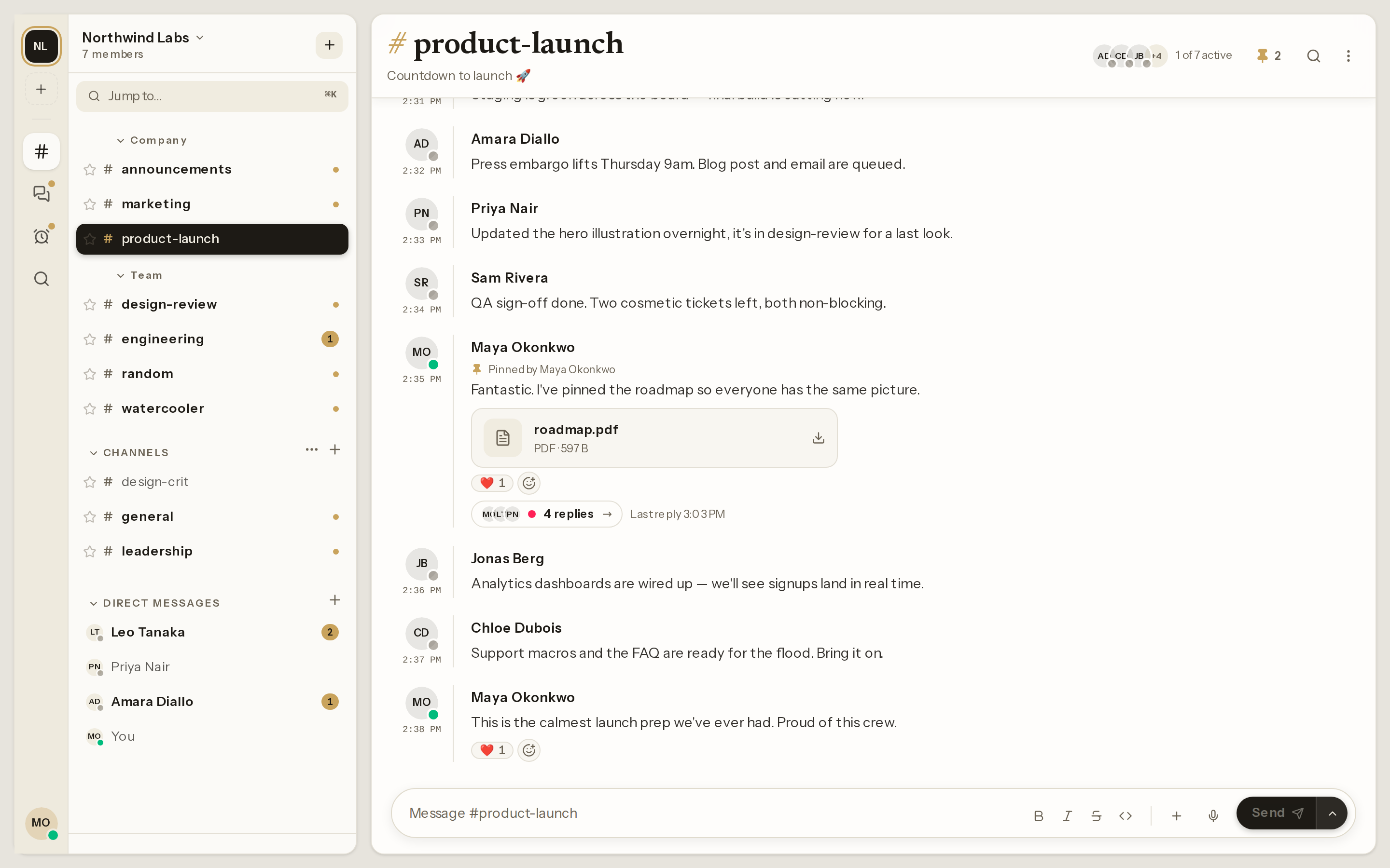 The Desk's workspace: an icon rail, the channel dock, and the #product-launch channel with a pinned message, reactions and a thread